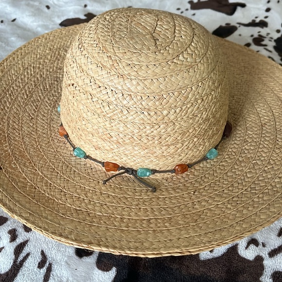 Straw beach hat OS natural tan acrylic stone & cotton band boho garden party DP - Picture 2 of 6